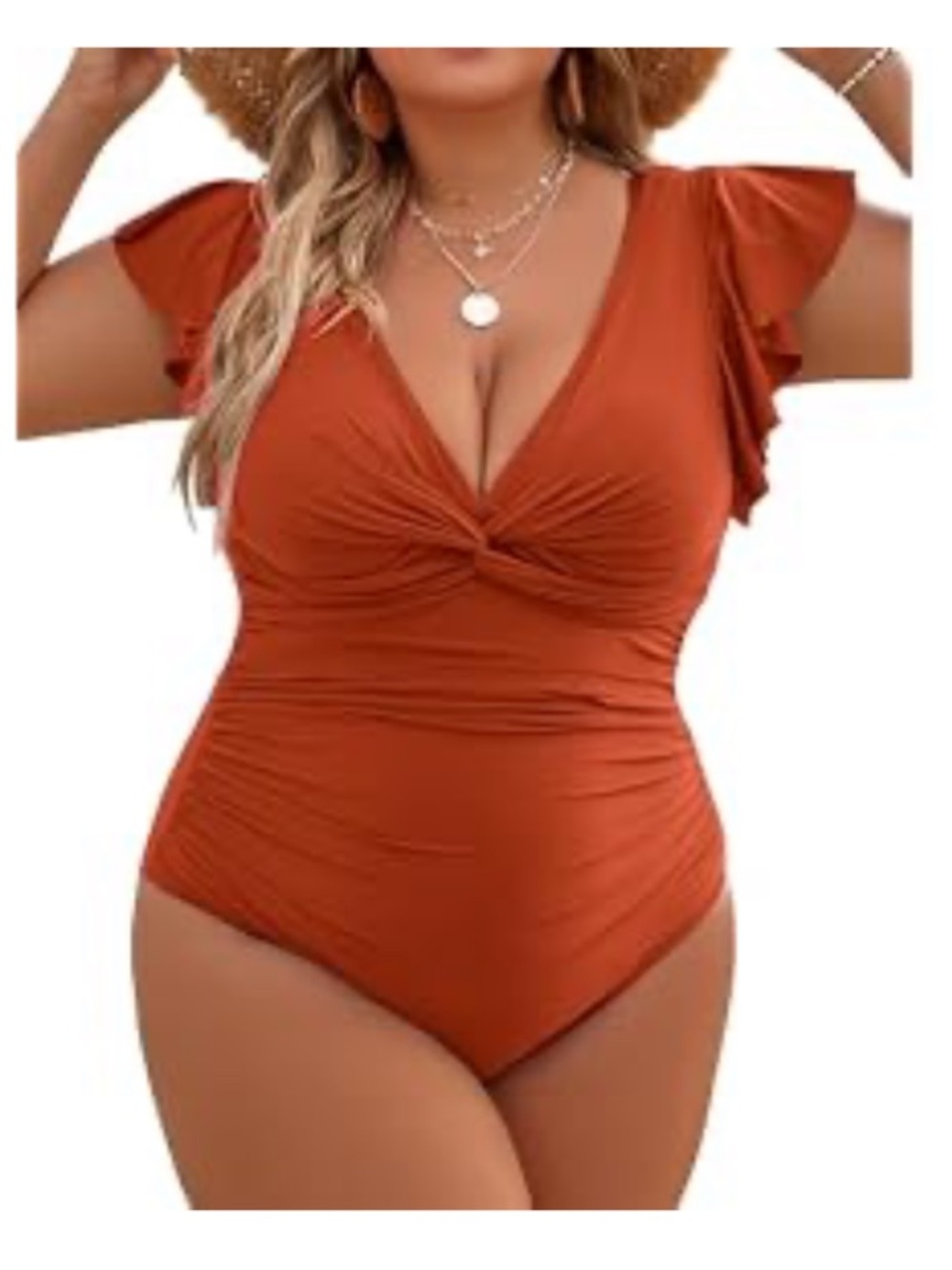 Rust Twist-Front One-Piece Swimsuit with Flutter Sleeves